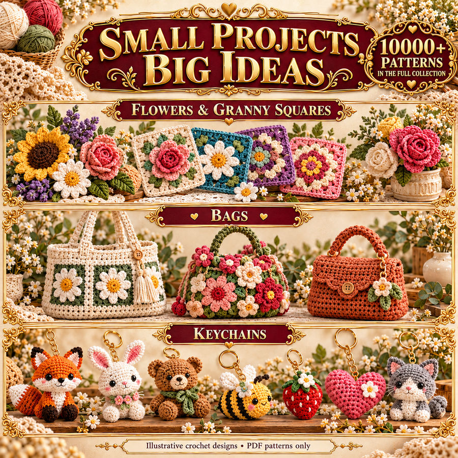 Illustrative crochet flowers, squares, bags and keychains