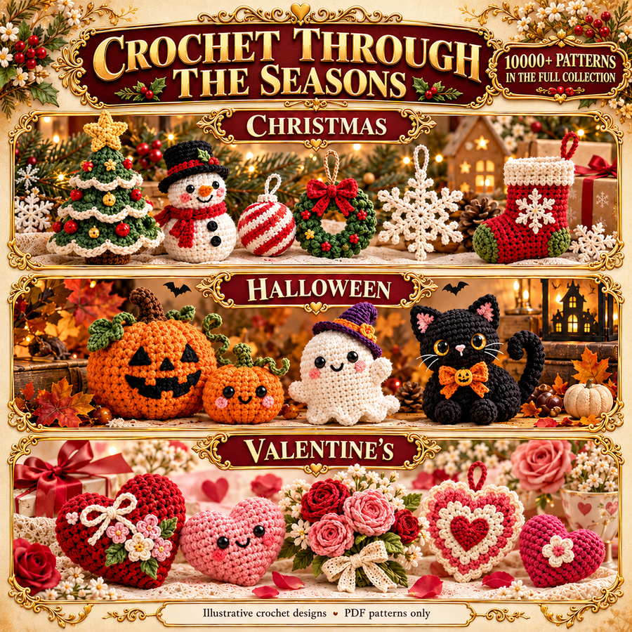 Illustrative Christmas, Halloween and Valentine’s crochet designs